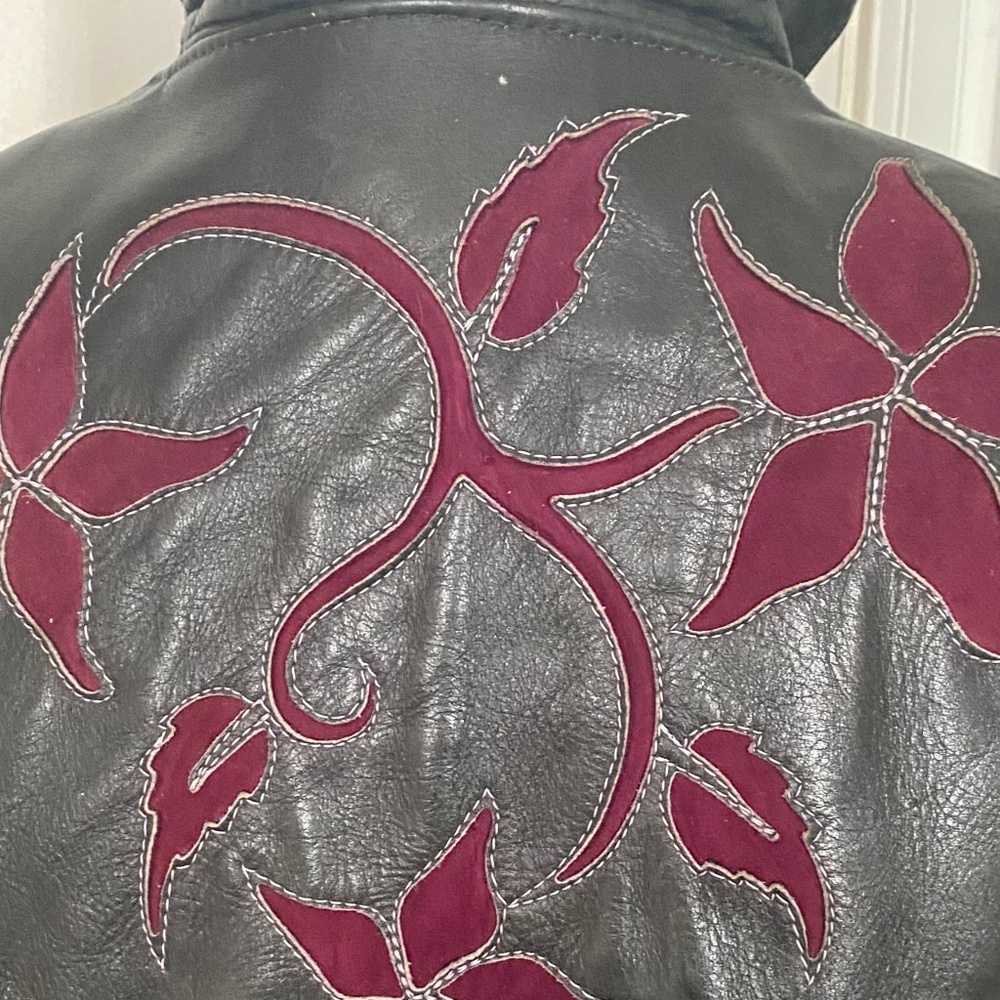 Gypsy Leather Motorcycle Jacket. Black,  Plum Suede Trim. Fringe, Studs.  12 - Picture 15 of 16